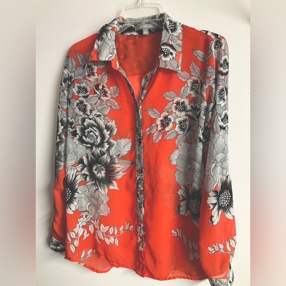 Women’s Button Front Closure Blouse, Medium, Orange-Red/Black, by NY Collection
